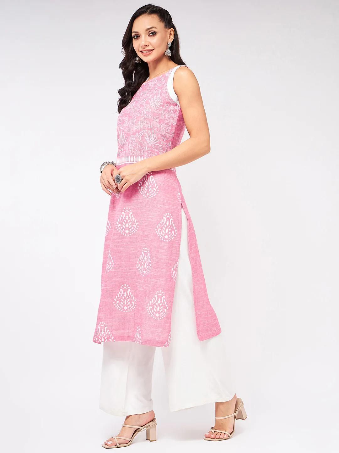 PANNKH Sleeveless Printed Chambray Pink Kurta Roposo Clout