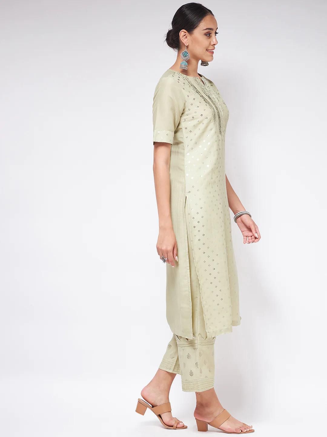 PANNKH Pista Festive Foil Printed Straight-Fit Kurta Roposo Clout