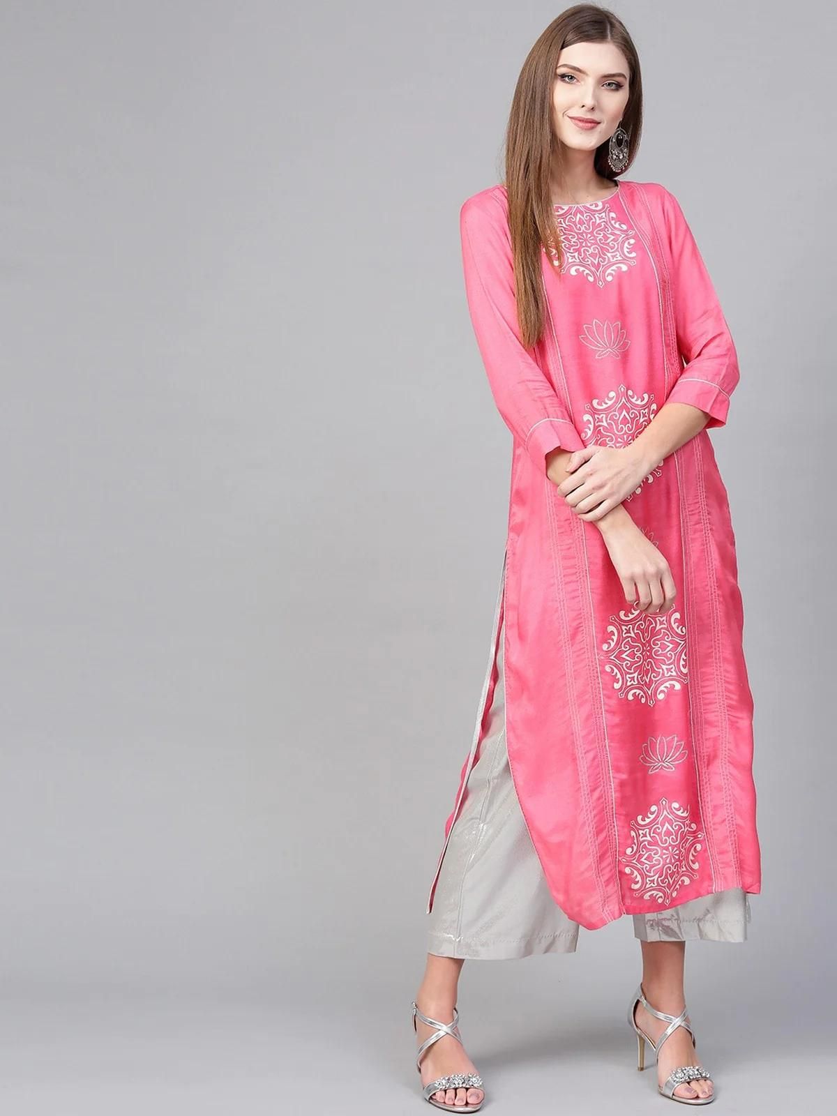 PANNKH Pink Lotus Inspired Printed Panelled Kurta Roposo Clout