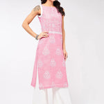 PANNKH Sleeveless Printed Chambray Pink Kurta Roposo Clout