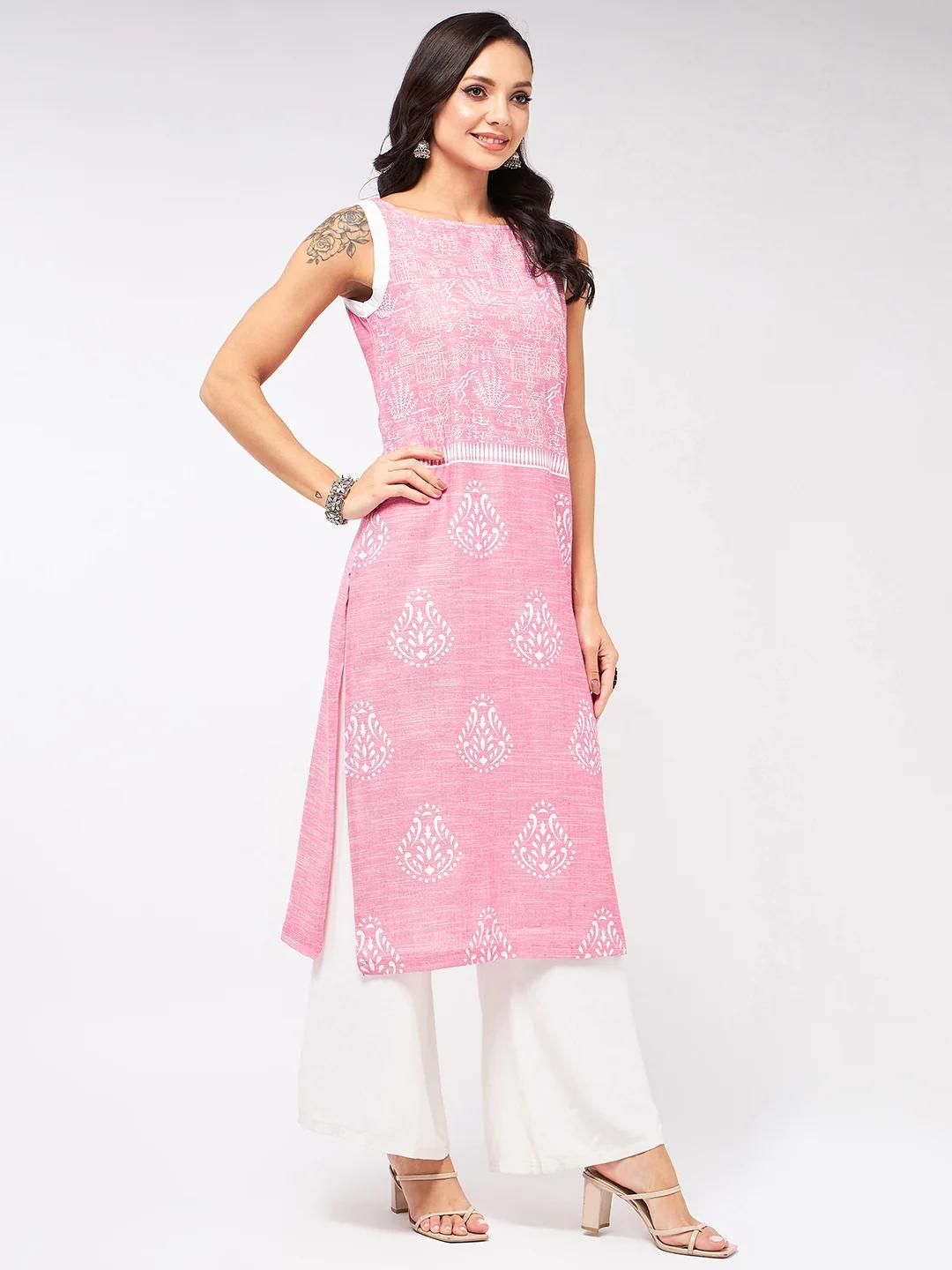 PANNKH Sleeveless Printed Chambray Pink Kurta Roposo Clout