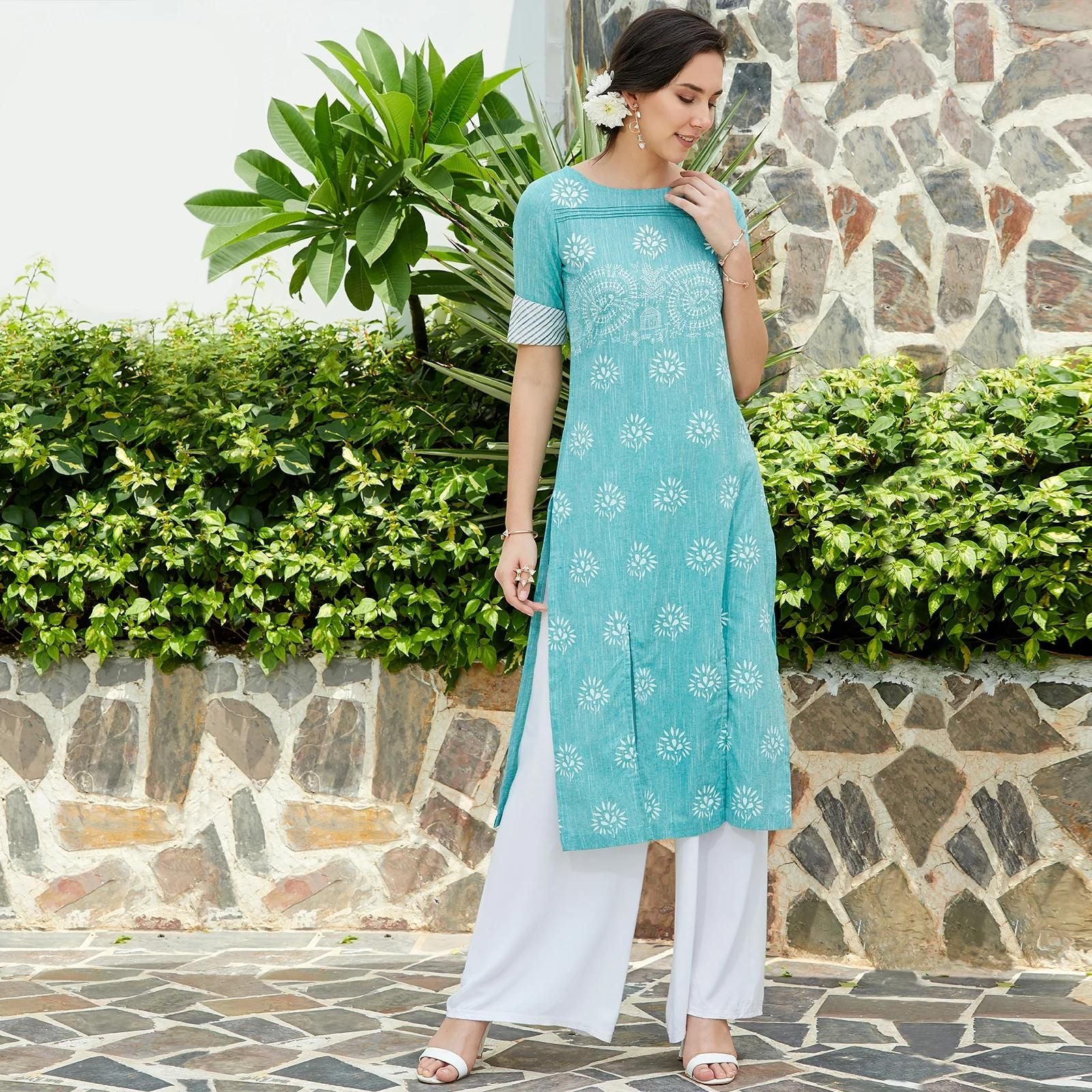 PANNKH Green Pintucks Printed Chambray Kurta Roposo Clout