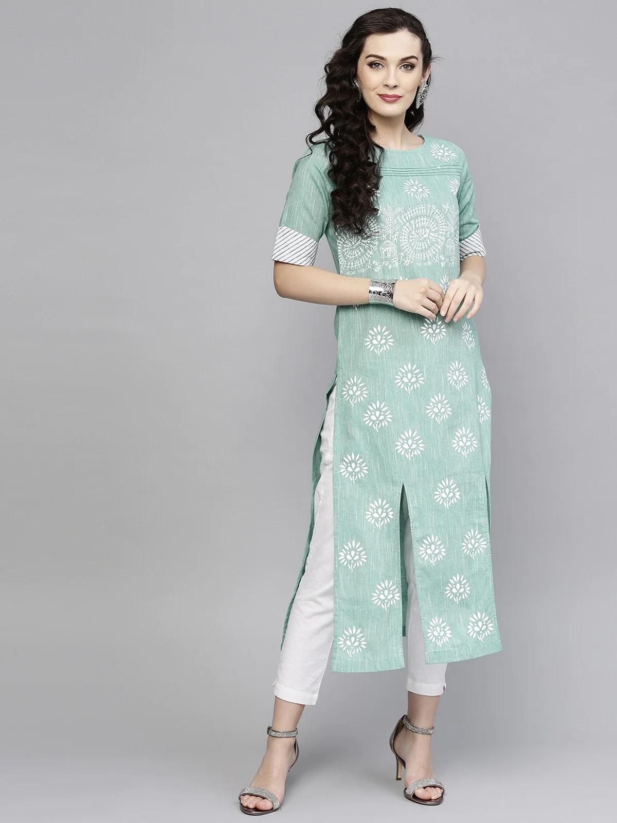 PANNKH Green Pintucks Printed Chambray Kurta Roposo Clout