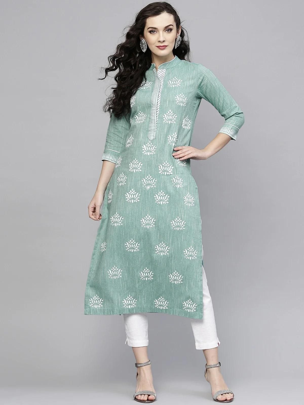 PANNKH Green Lotus Printed Chambray Kurta Roposo Clout