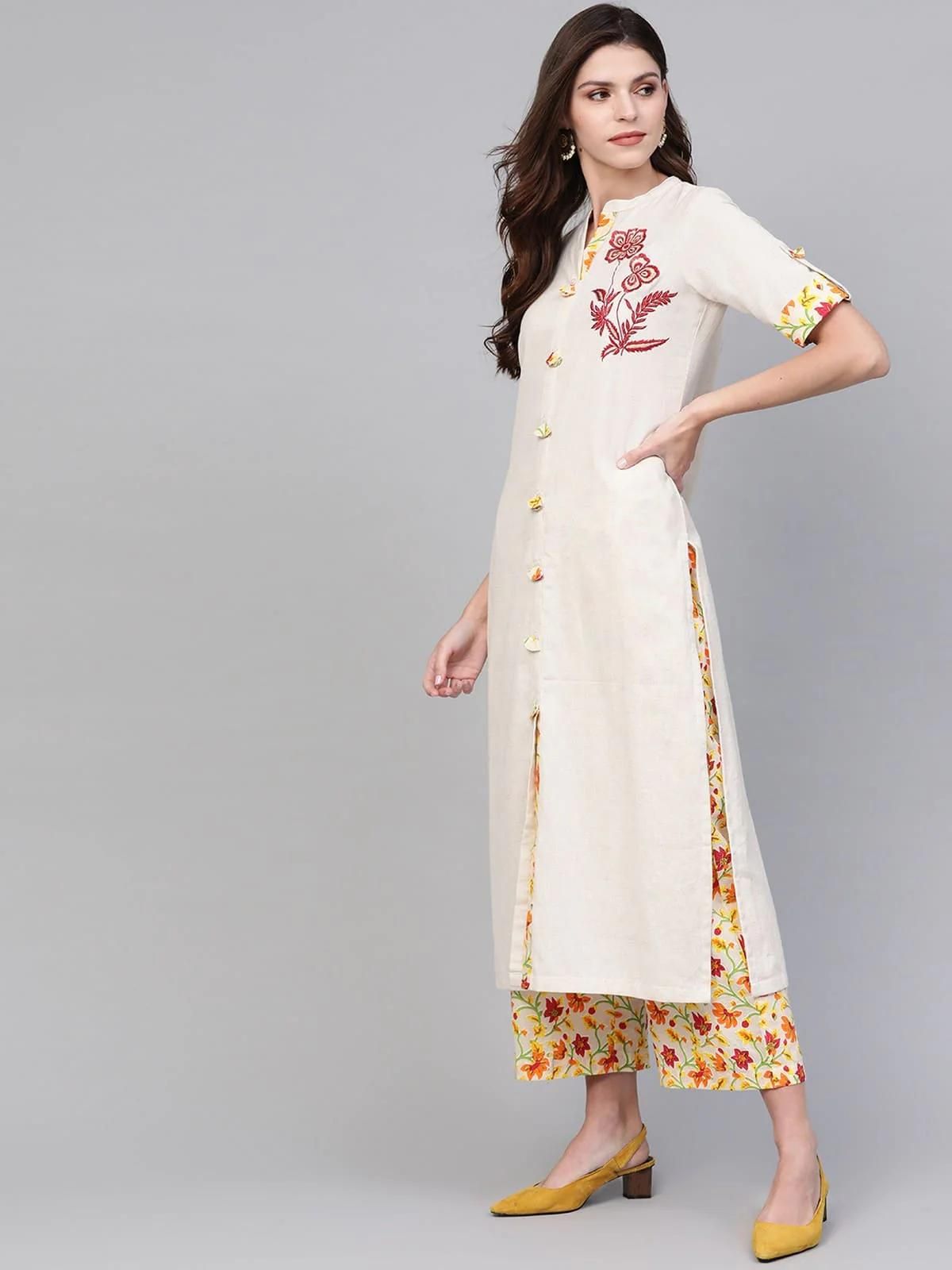 PANNKH Embroidered Beige Kurta With Palazzo Set Roposo Clout