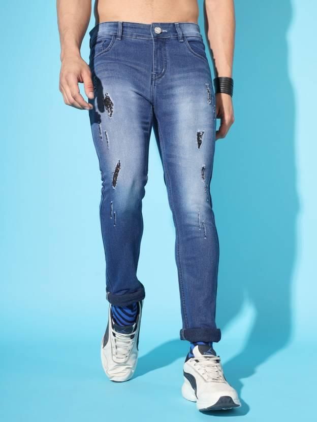 FUDE PRIDE Men's Slim Fit Mid Rise Distressed Blue Jeans Roposo Clout