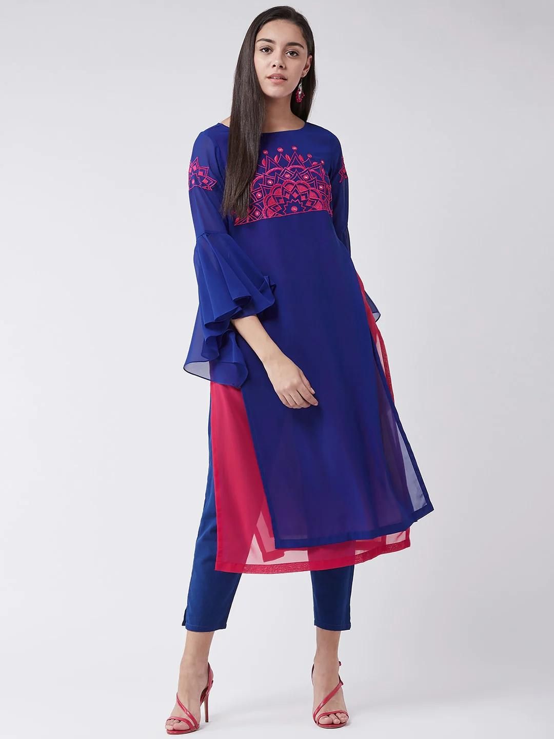 PANNKH Royal Blue Yoke Embroidered Layered Kurta With Bell Sleeves Roposo Clout