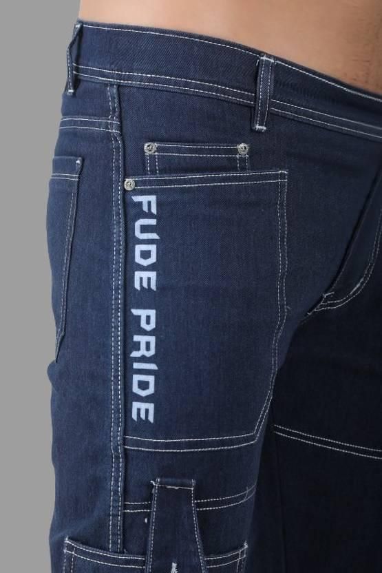 FUDE PRIDE Men's Slim Fit Mid Rise Printed Navy Blue Jeans Roposo Clout