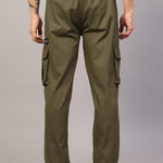 Sprouted Men's Cotton Blend Solid Multipocket Olive Cargo Pant Roposo Clout