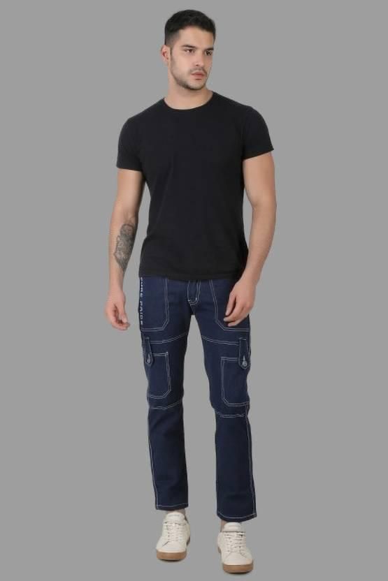 FUDE PRIDE Men's Slim Fit Mid Rise Printed Navy Blue Jeans Roposo Clout