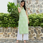 PANNKH Green Sleeveless Printed Chambray Kurta Roposo Clout