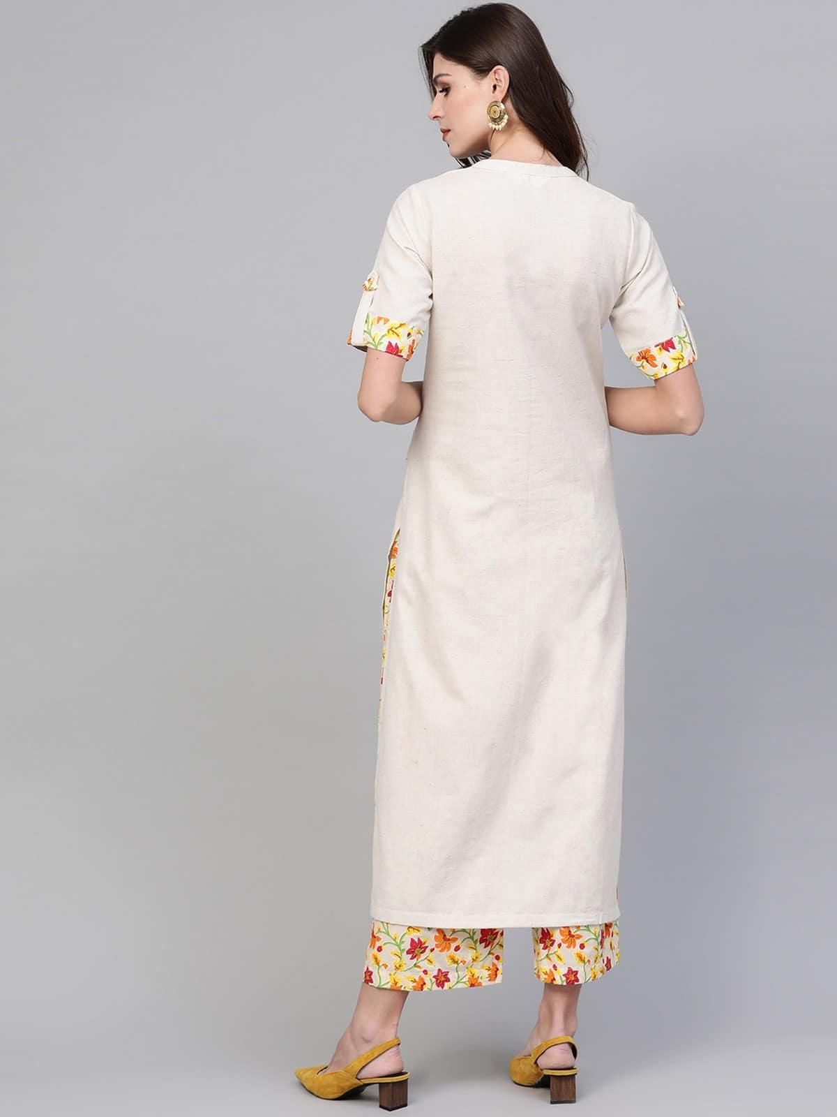 PANNKH Embroidered Beige Kurta With Palazzo Set Roposo Clout