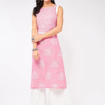 PANNKH Sleeveless Printed Chambray Pink Kurta Roposo Clout