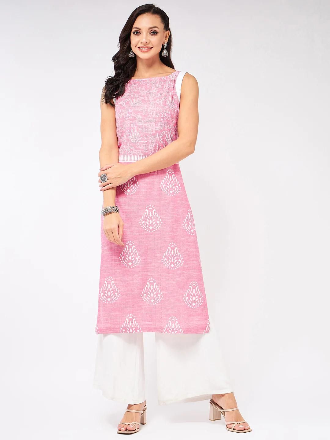 PANNKH Sleeveless Printed Chambray Pink Kurta Roposo Clout