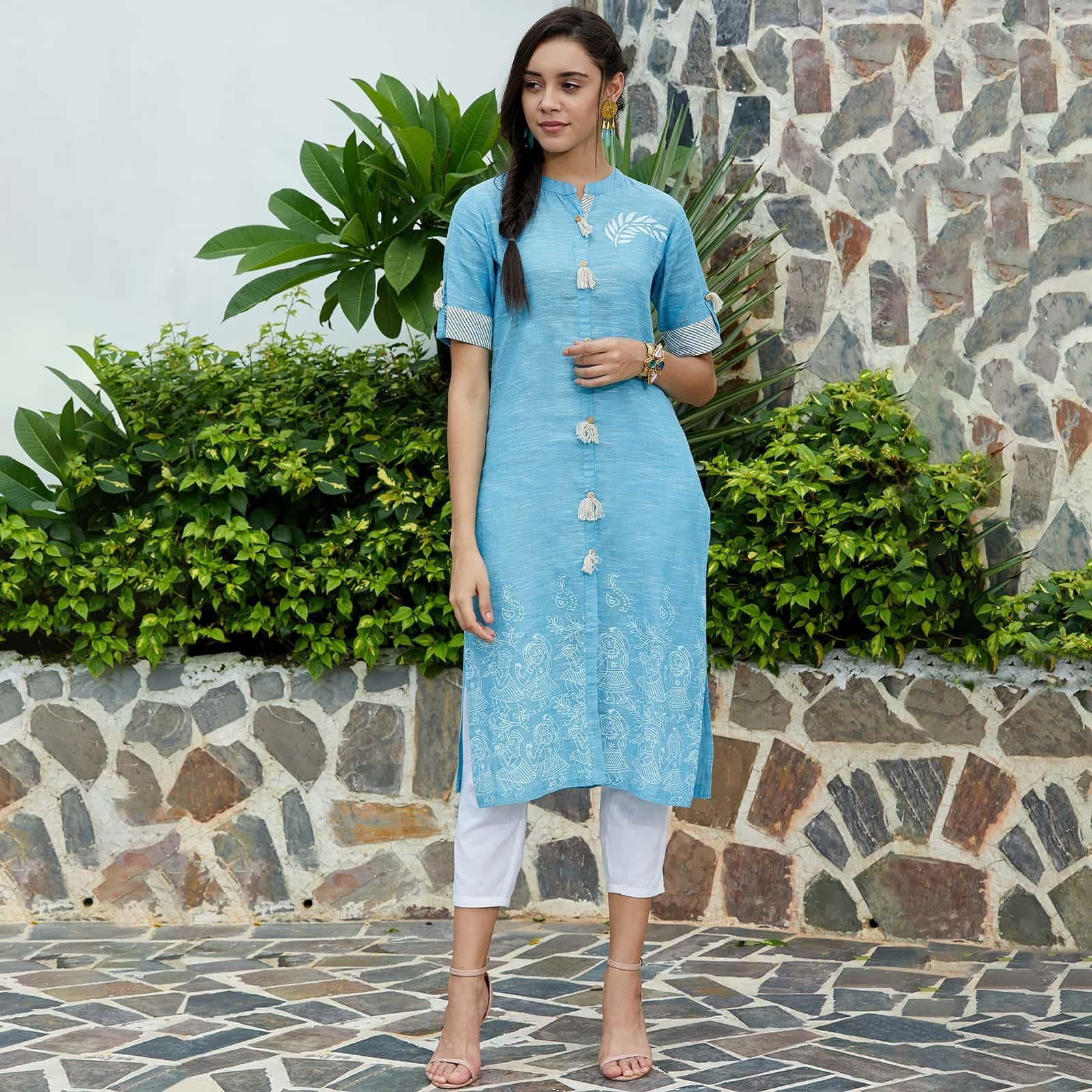 PANNKH Blue Front Tassel Printed Chambray Kurta Roposo Clout