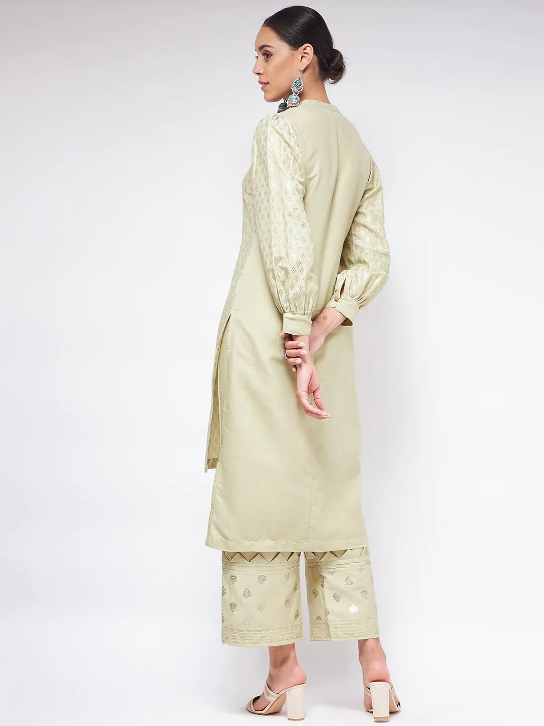 PANNKH Pista Festive Foil Printed Shirt Style Kurta With High-Low Hemline Roposo Clout