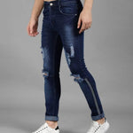 FUDE PRIDE Men's Slim Fit Mid Rise Distressed Navy Blue Jeans Roposo Clout