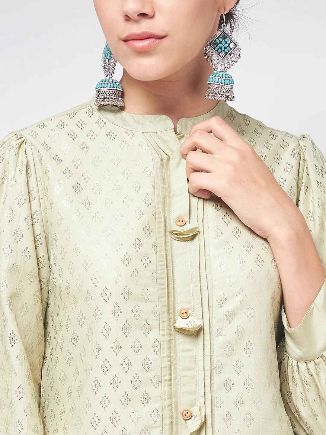 PANNKH Pista Festive Foil Printed Shirt Style Kurta With High-Low Hemline Roposo Clout