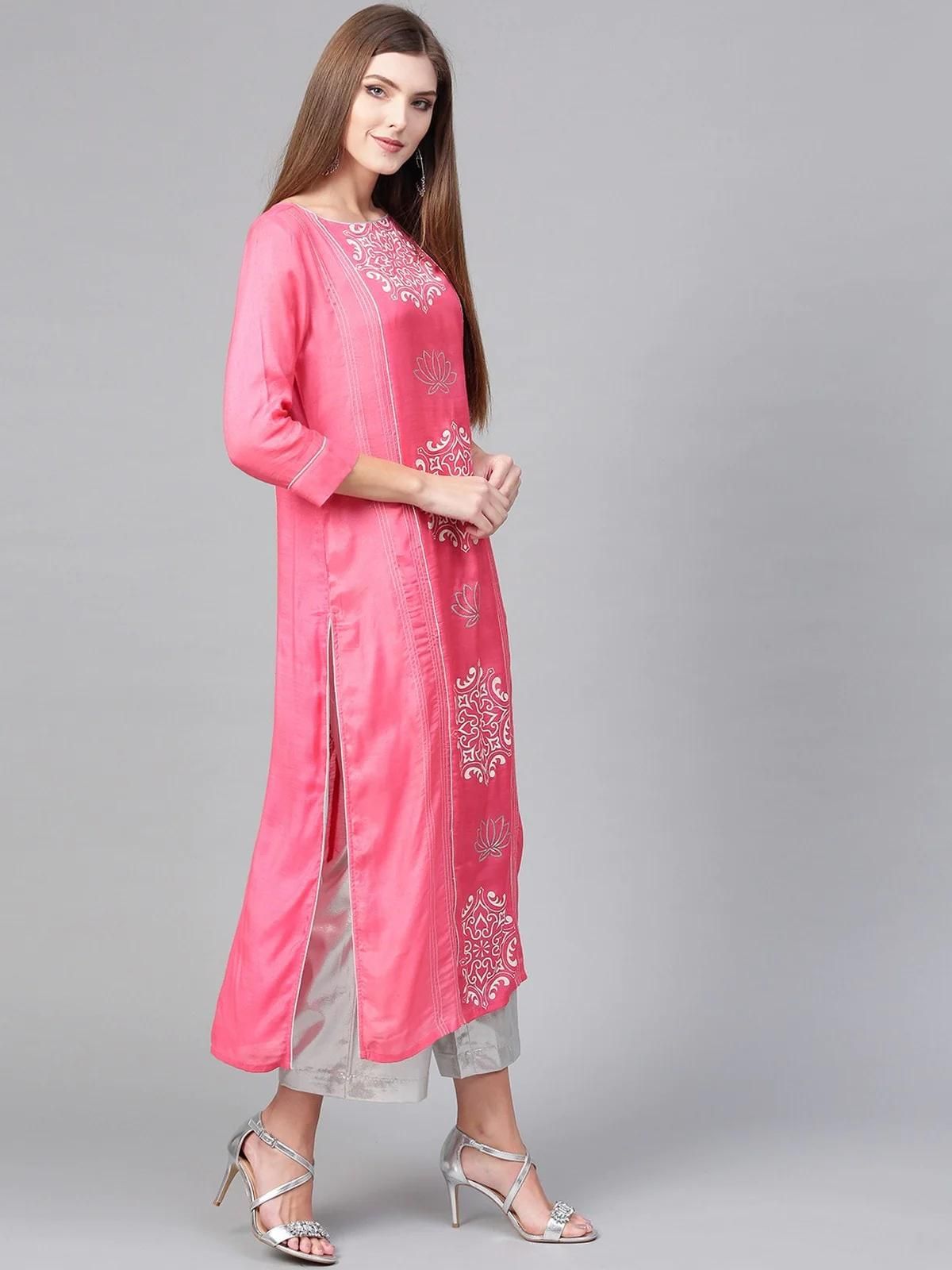 PANNKH Pink Lotus Inspired Printed Panelled Kurta Roposo Clout