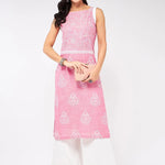 PANNKH Sleeveless Printed Chambray Pink Kurta Roposo Clout