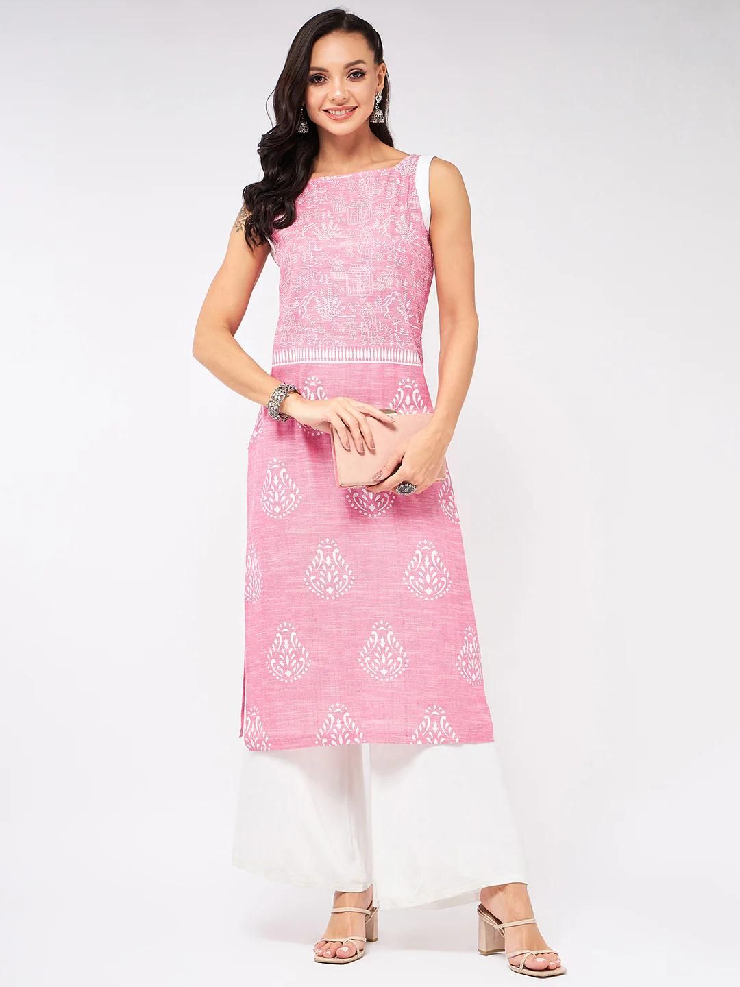 PANNKH Sleeveless Printed Chambray Pink Kurta Roposo Clout