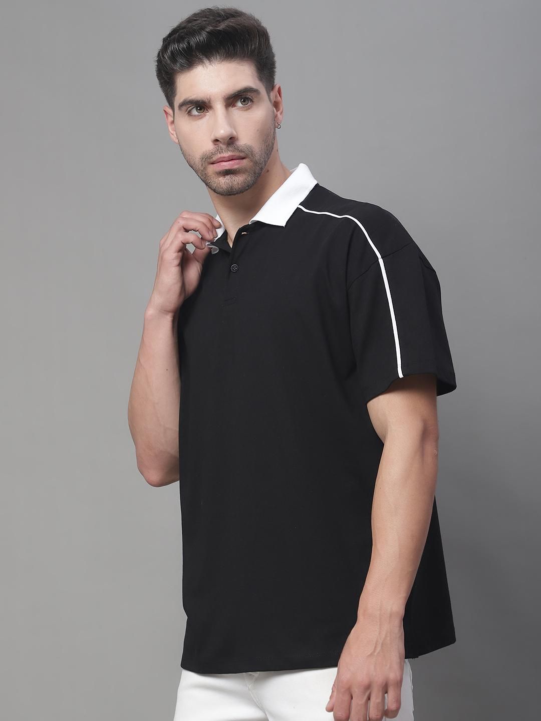 DOOR74 MENS CONTRAST COLLAR AND PIPING BLACK COLOR OVERSIZE FIT POLO TSHIRT Roposo Clout