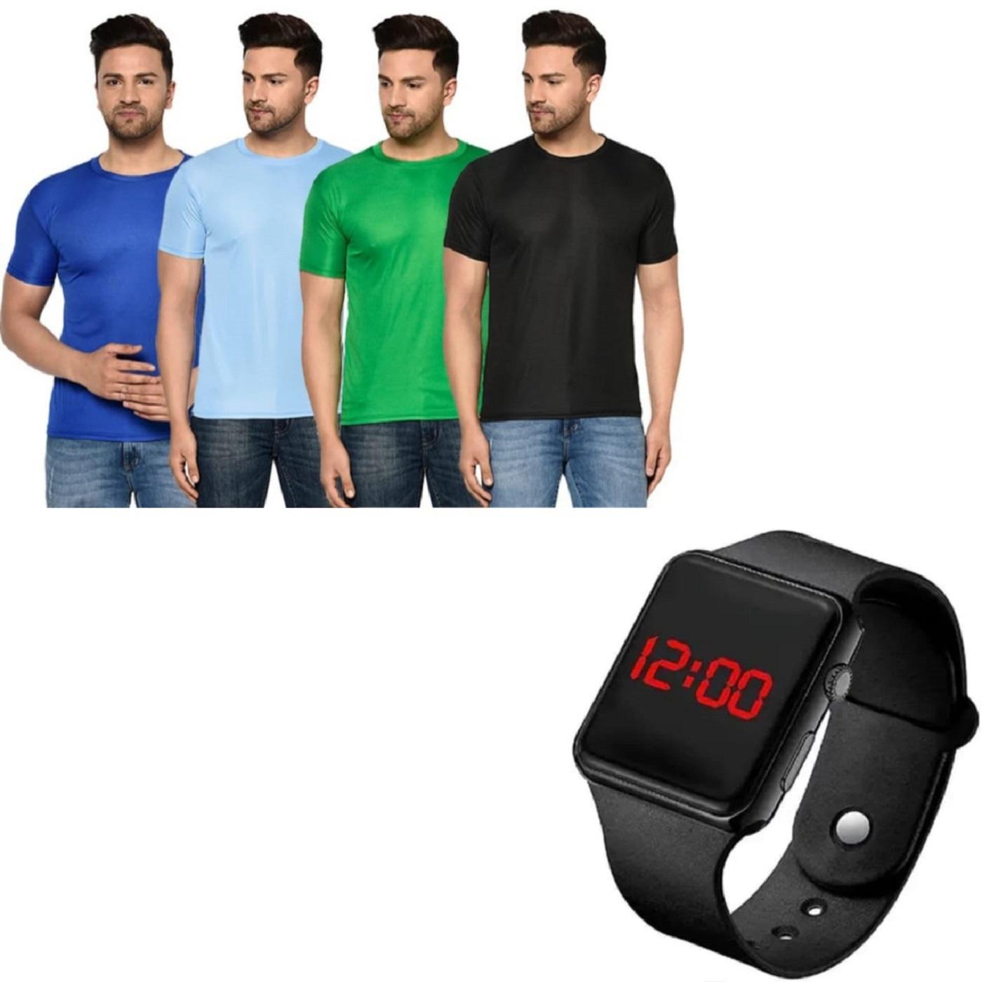 Men's Pack Of-4 Half Sleeves Round Neck T-shirt With Digital Watch Combo Roposo Clout